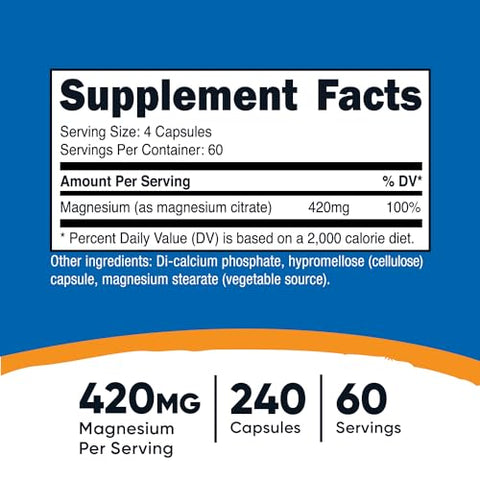 Magnesium Citrate 420mg – 240 Cápsulas Vegetarianas, Livre de Glúten, Não-OGM - Nutricost