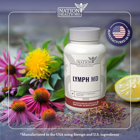 NATION HEALTH MD - Lymph MD – Suplemento para o Sistema Linfático com 9 Botânicos – Dente-de-leão, Bardana, Equinácea, Limão