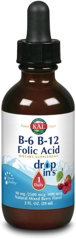 Vitamin B-6 B-12 Folic Acid DropIns – Suplemento Líquido de Vitamina B em Gotas, Saúde Cardíaca, Energia, Suporte às Células Vermelhas do Sangue com Methyl B12 e Methyl Folate, Sabor Natural de Frutas Vermelhas - KAL