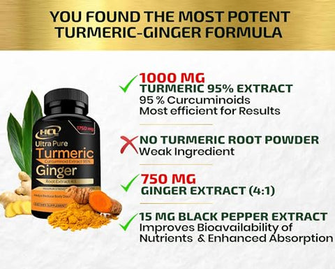 HCL HERBAL CODE LABS - Curcuma com Gengibre – 1750mg de 95% Curcuminoides e Extrato de Gengibre – Cápsulas Fortes de Suporte Natural para as Articulações – Suporte Antioxidante – 90 Caps