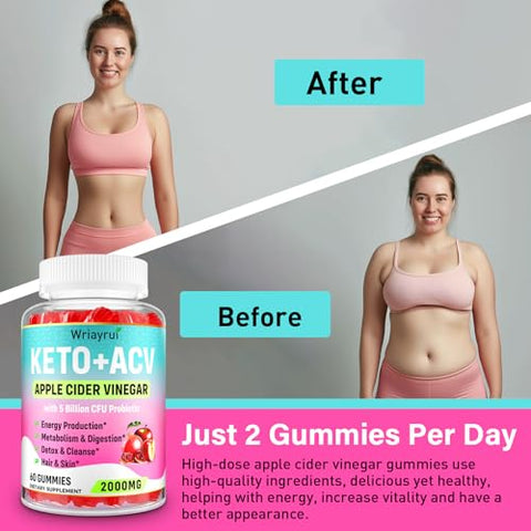 Wriayrui - Gummies de Vinagre de Maçã, Rápido Ripped Keto ACV, Força Máxima 2000mg, com Chá Verde, Probióticos, B6