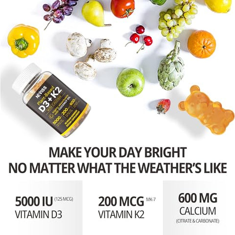 NEVISS - Suplemento Vitamínico D3 K2 de Alta Absorção com Cálcio e Óleo de Coco – Fortalecimento Ósseo – 5000UI Gomas 125mcg, 600mg de Cálcio, 200mcg de K2 (MK7)