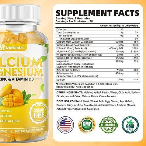 UPNEUTRI - Suplemento de Cálcio Magnésio Zinco com Vitamina D3, Gomas de Cálcio Sem Açúcar para Mulheres e Homens, Gomas de Zinco de Alta Absorção para os Ossos
