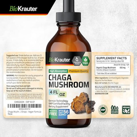 BIO KRAUTER - Extrato de Cogumelo Chaga – Tintura de Chaga para Suporte Imunológico – Vegano, Sem Álcool – Marca Chaga Extract