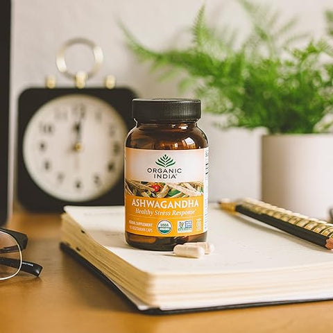 Cápsulas de Ashwagandha Orgânica – Suplemento de Ashwagandha Vegano, Livre de Glúten, Kosher, Não-OGM – Suporte para Alívio do Estresse, Energia e Sono – 90 Cápsulas - ORGANIC INDIA