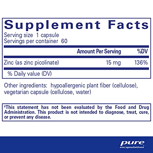 Zinc 15 mg – Suplemento de Zinco Picolinato para Suporte ao Sistema Imunológico e Crescimento - Pure Encapsulations