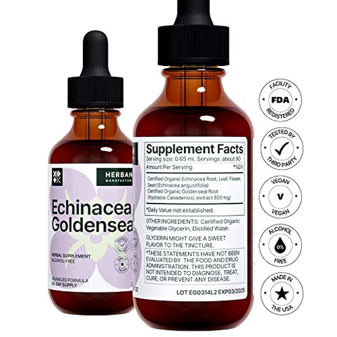 HERBANA MANUFACTURING - Echinacea e Goldenseal Extrato Líquido 60ml – Suplemento Herbal Natural – Suporte Imunológico – Melhora o Sono | Aumenta a Energia – Alta Potência – Fornecimento de 45 Dias