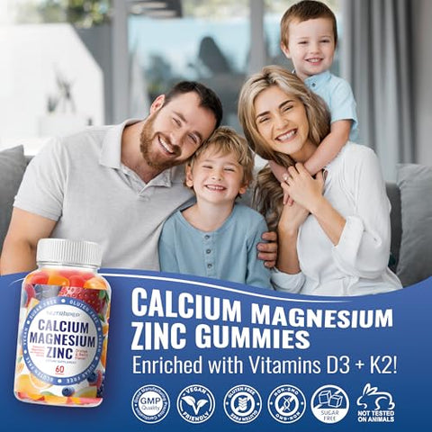 NutraPep - Gomas de Suplemento de Cálcio Magnésio Zinco – com Vitamina D3 K2 Magnésio Glicinato – Sabor Laranja e Frutas Vermelhas Veganas Sem Açúcar e Sem Glúten para Homens Mulheres Crianças