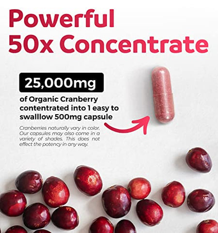 PURE CO - Pílulas Orgânicas de Cranberry – Concentrado 50:1 Equivale a 25.000mg de Cranberries Frescos (Vegano) para Saúde do Trato Urinário