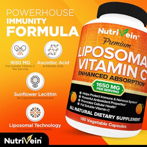 Vitamina C Lipossomal 1650mg – 180 Cápsulas – Ácido Ascórbico de Alta Absorção – Fortalece o Sistema Imunológico - Nutrivein