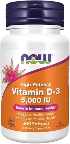 Vitamina D3 (Colecalciferol) – 5.000 UI, 360 Softgels – Alta Potência para Saúde Óssea e Suporte Imunológico, Estimulante de Humor – Halal, Kosher – 360 Unidades (Pacote de 1) - NOW Foods
