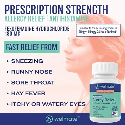Alívio de Alergia | Fexofenadina HCl 180 mg | Antialérgico Não Sonolento | 200 Comprimidos – Marca WELMATE - WELMATE