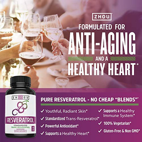 ZHOU - Zhou Resveratrol | Envelhecimento Saudável, Sistema Imunológico | 60 cápsulas, 500mg