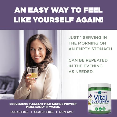 Renovação Vital do Intestino em Pó para Reparo do Intestino Permeável com L-Glutamina, Malva e Raiz de Gengibre, Raiz de Alcaçuz DGL e Aloe Vera Orgânica, L Glutamina 6000mg – Produto Vital Planet - Vital Planet