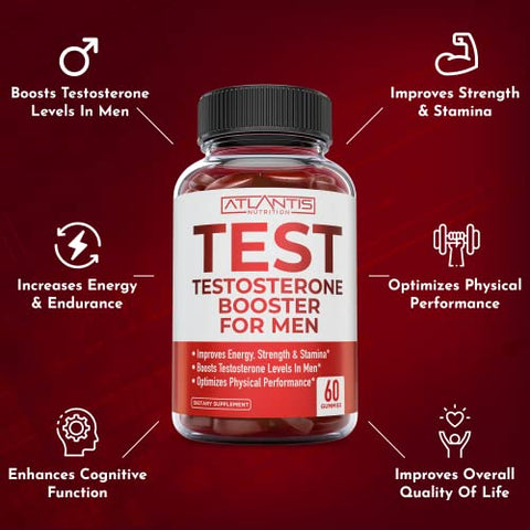 Atlantis Nutrition - Gummies de Aumento de Testosterona para Homens – Potencializador Masculino, Aumenta Energia