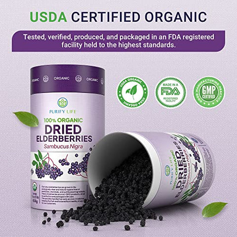 Purify Life - Elderberries Orgânicas Secas USDA 454g a Granel (Embalagem Segura, Saco Reselável, Colher Livre de BPA) Natural, não irradiada, Sambucus Preto Inteiro Cru para Suporte Imunológico