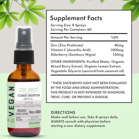 GIVOL - Mistura de ZINCO Orgânico 100 mg (Extra Forte) – Sem Açúcar com VIT C e Extrato de Sabugueiro – Spray Líquido Vegano para Crianças e Adultos – Absorção Fácil – Não-OGM – (60 ml) 60 g