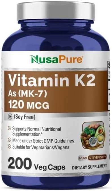Vitamina K2 MK7 120 mcg 200 Cápsulas Vegetais (Sem Soja, Não-OGM, Vegano) - NusaPure