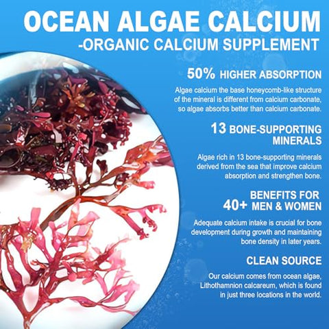 Nextdia - Suplemento de Cálcio à Base de Plantas 1200mg 600mg com D3, Cálcio de Algas Oceânicas com Vitamina D3, K2, Magnésio para Fortalecimento Ósseo, Saúde Dental