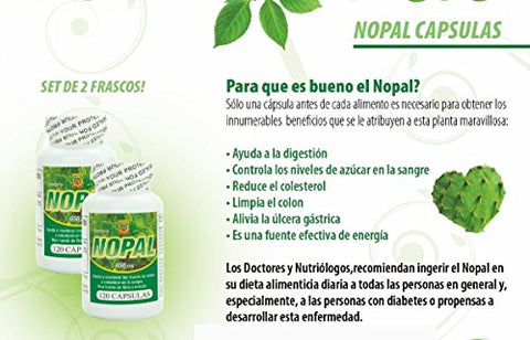 Capsulas de Nopal: Set 2 Frascos 120 capsulas cada – Puro y autentico – Ayuda a la digestion, reduce el colesterol, limpia el colon - Nutrisalud Products