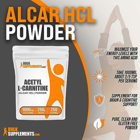 com Acetyl L-Carnitine Powder – ALCAR Powder, 1500mg por Porção, 250g (Pack de 1) - BulkSupplements