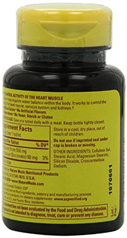 Potassium Gluconate 550mg – 100 Comprimidos (Pacote com 5) – Comprimidos de Potássio para uma Vida Saudável - Nature Made