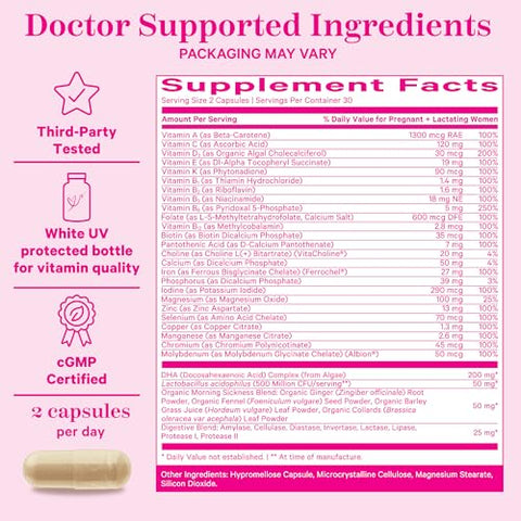 Vitaminas Pré-Natais Premium para Mulheres – 25 Vitaminas com Ingredientes Orgânicos de Alimentos Integrais - Pink Stork