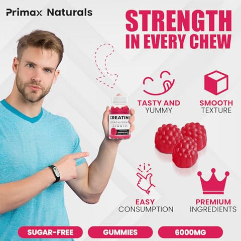 Primax Naturals - Gomas de Monohidrato de Creatina Sem Açúcar para Homens – Marca: No Sugar – 100g