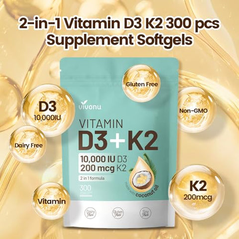 VivoNu - Vitamina D3 10000 UI Plus K2 (MK-7) 200 mcg, 300 Softgels de Óleo de Coco | 2 em 1 VIT D