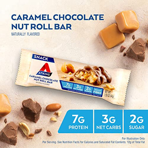 Barra de Lanche Caramel Chocolate Nut Roll, Snack Proteico, Rico em Fibras, 2g Açúcar, 16 Unidades - Atkins