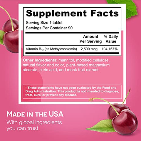 B12 Vitamina Sublingual 2.500 mcg, Metilcobalamina, Sem Açúcar, Suprimento de 3 Meses - EZ Melts
