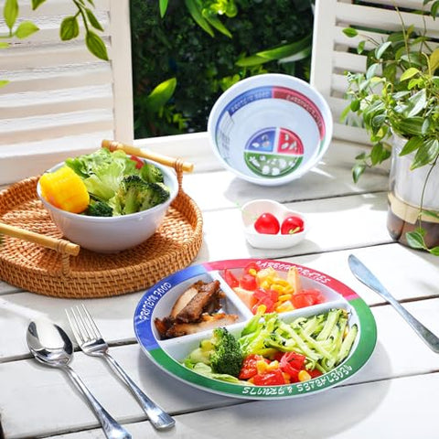 Singhoow - Conjunto de 4 Pratos Tigelas de Controle de Porção com 2 Pares de Talheres em Aço Inoxidável – 8.5 Polegadas – Prato Dividido Automedidor para Dieta e Perda de Peso – Alimentação Equilibrada para Adultos