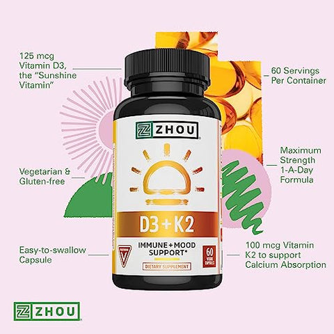 ZHOU - Zhou Nutrition Vitamina D3 K2, Fórmula para Saúde Óssea e Cardíaca 5000 UI Vitamina D3