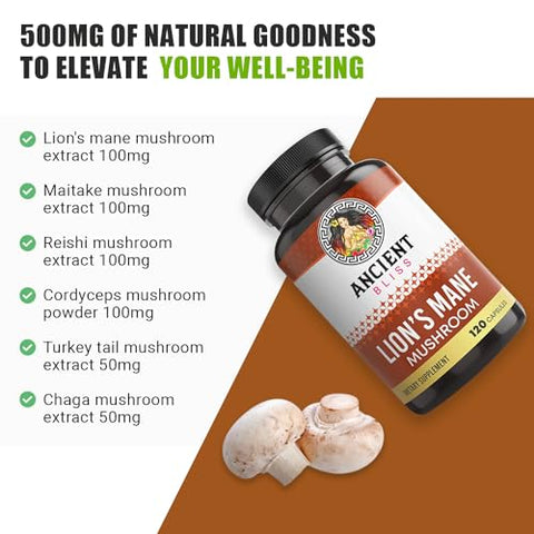 Lion’s Mane – 120 Cápsulas Veganas de Cogumelo (2 Meses de Fornecimento) – Suporte para Clareza Mental e Energia - Ancient Bliss
