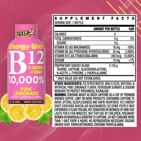 STACKER 2 - Stacker 2 Pink Lemonade B12 Energy Shot – 12 Unidades de 2oz (59ml) – Energético com Vitamina B12