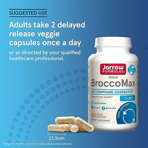 BroccoMax Gerador de Sulforafano 35 mg com Glucosinolato de Sulforafano e Mirosinase, Suplemento Alimentar para Suporte à Saúde do Fígado, 120 Cápsulas Vegetais de Liberação Retardada - Jarrow Formulas