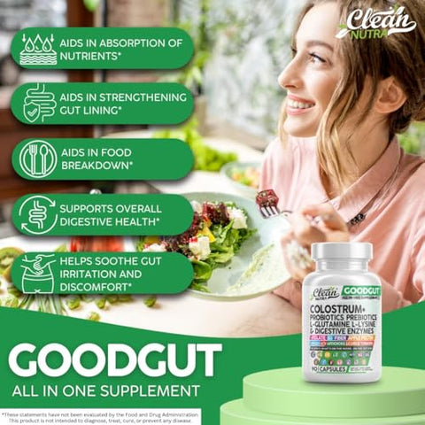 Clean Nutraceuticals - Colostrum Clean Nutra Good Gut – Cápsulas de Suplemento com Probióticos, Prebióticos, L-Glutamina, Enzimas Digestivas, Folate, Fibra, ACV, Cúrcuma, Pectina de Maçã e Turmeric – 100% Natural e Eficaz