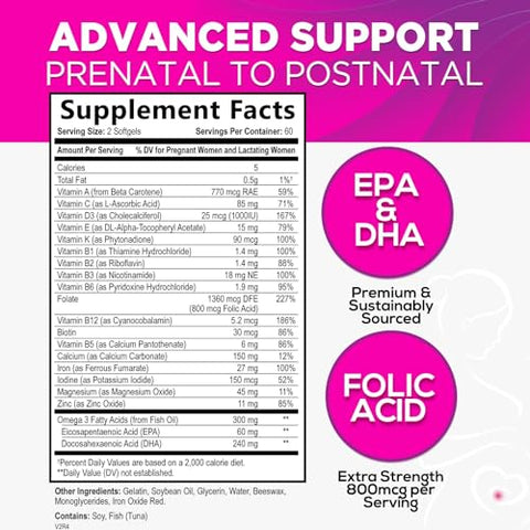 Nature's Nutrition - Multivitamínico Pré-Natal para Mulheres com Ácido Fólico DHA, Suplemento Vitamínico Pré-Natal para Suporte Fetal com Folato, Ômega 3, Vitaminas D3, B6, B12