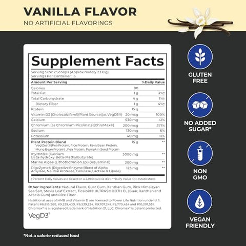 Tony Horton Proteína em Pó de Alta Performance à Base de Plantas com 3000 MG de HMB, Sem Adição de Açúcar, Vegano, Amigável ao Keto, Não-OGM (Baunilha – Nova Fórmula) - POWERLIFE