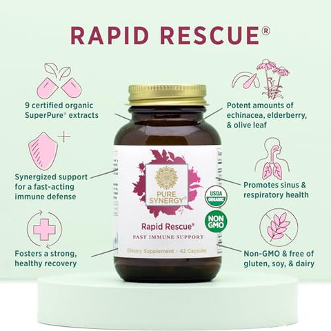 Rapid Rescue | Cápsulas Orgânicas de Suporte Imunológico | Suplemento Imunológico Herbal com Extratos de Equinácea, Sabugueiro e Folha de Oliveira | para Suporte Imunológico Imediato (42g) - PURE SYNERGY