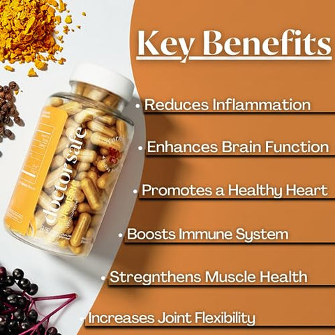 DOCTOR SAFE - Cúrcuma Curcumina com Extrato de Pimenta Preta 1500mg – Alta Absorção Suplemento de Cúrcuma Ultra Potente com 95% Curcuminoides e BioPerine – Cápsulas de Cúrcuma sem OGM para Articulações