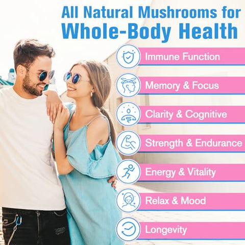 Dmeisy - Suplemento de Cogumelo 2600mg, Complexo de 20 Cogumelos, com Leão da Montanha, Cordyceps, Reishi, Cauda de Peru, Chaga – Suplementos para Memória e Concentração, Humor