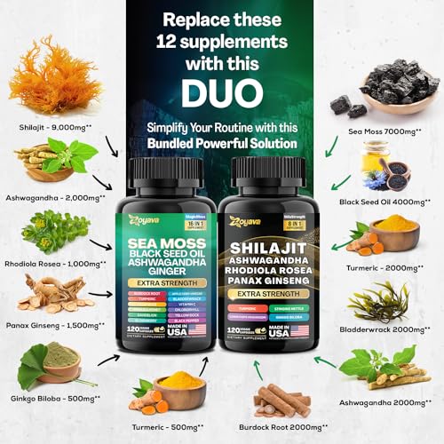 Dynamic Vitality Bundle: Sea Moss e Shilajit, Sea Moss 7000mg, Óleo de Semente Negra 4000mg, Ashwagandha 2000mg, Gengibre - Zoyava