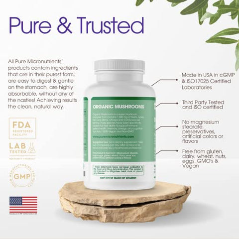 Pure Micronutrients - Suplemento Orgânico de Cogumelos Puros – Leão da Montanha, Reishi, Chaga, Cordyceps |