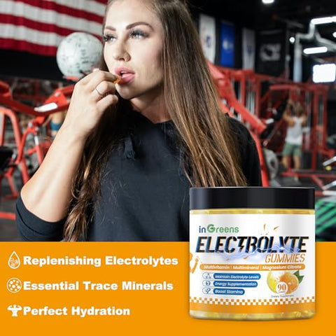 inGreens - Gummies Naturais de Eletrólitos com 6 Eletrólitos Essenciais – Inclui Vitaminas, Magnésio, para Corredores, Esportes de Resistência, Mastigáveis de Hidratação – 90 Gummies