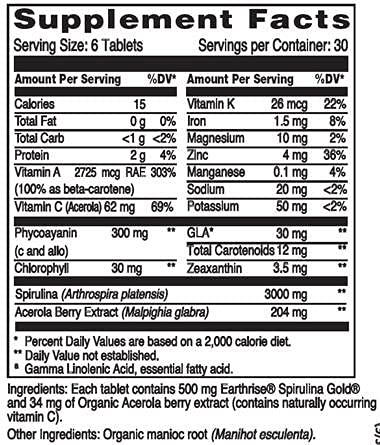 Spirulina Gold Plus 500mg Tablet 180 comprimidos – Spirulina Premium Natural da Califórnia, Vegana, Livre de Glúten, Amiga da Dieta Keto, Super Alimento Rico em Vitaminas – Marca Earthrise - Earthrise