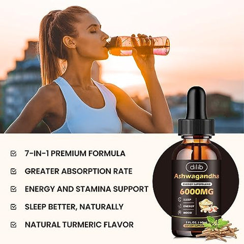 dilib - Gotas de Ashwagandha Líquida Orgânica para Homens e Mulheres: Sabor de Cúrcuma 7 em 1 – 120ml – Extrato de Ashwagandha – Energia, Estresse e Humor