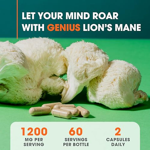 The Genius Brand - Genius Lions Mane – Suplemento Cápsulas Orgânicas, 1200mg por Porção – 120 Comprimidos Vegetais