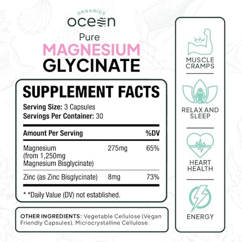 Organics Ocean - Magnésio Glicinato Puro com Zinco – Suplemento de Magnésio Quelato de Força Máxima para Mulheres e Homens para Cãibras Musculares e Suporte ao Sono – 90 Cápsulas