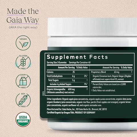 Gomas Orgânicas de Ashwagandha, Suporte ao Estresse, Canela, Gengibre, Sem Glúten, Vegano, 120 Unidades - Gaia Herbs